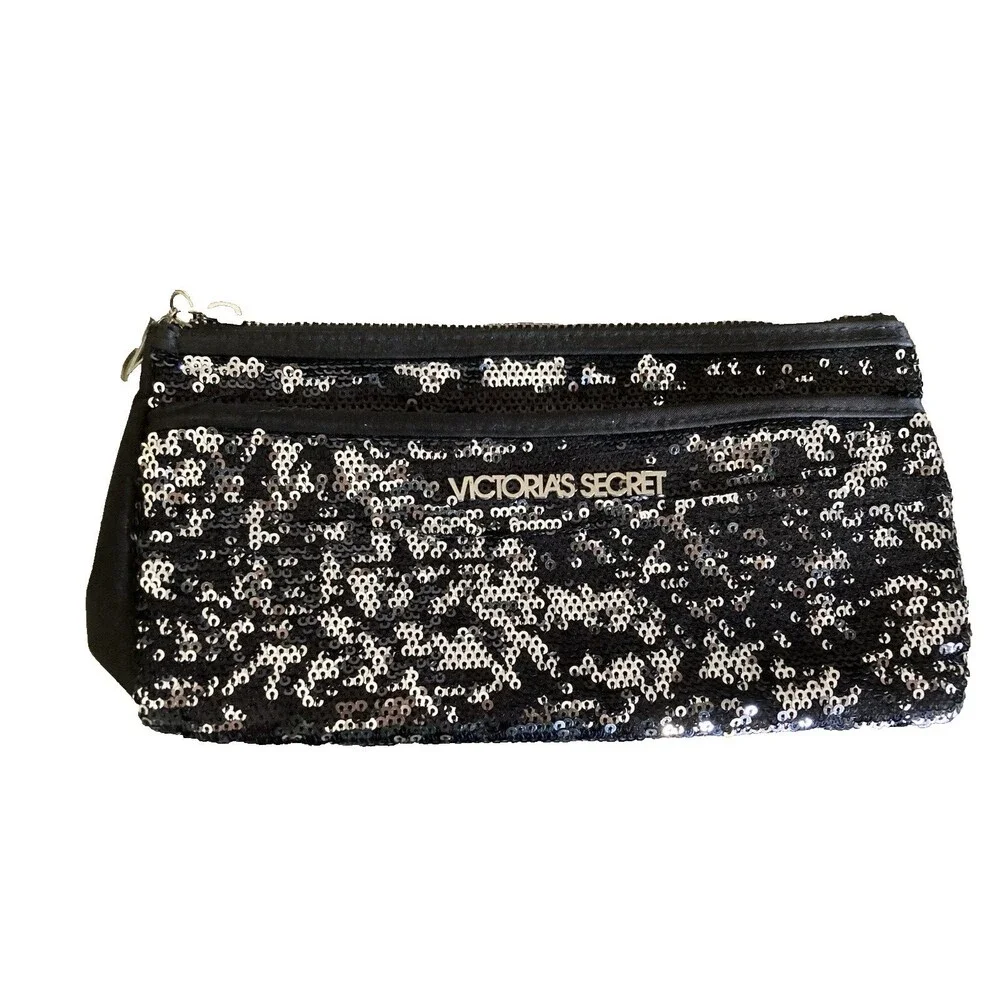 Victoria's Secret Black Sequin Clutch Purse Make Up Bag Zip up Silver Accents